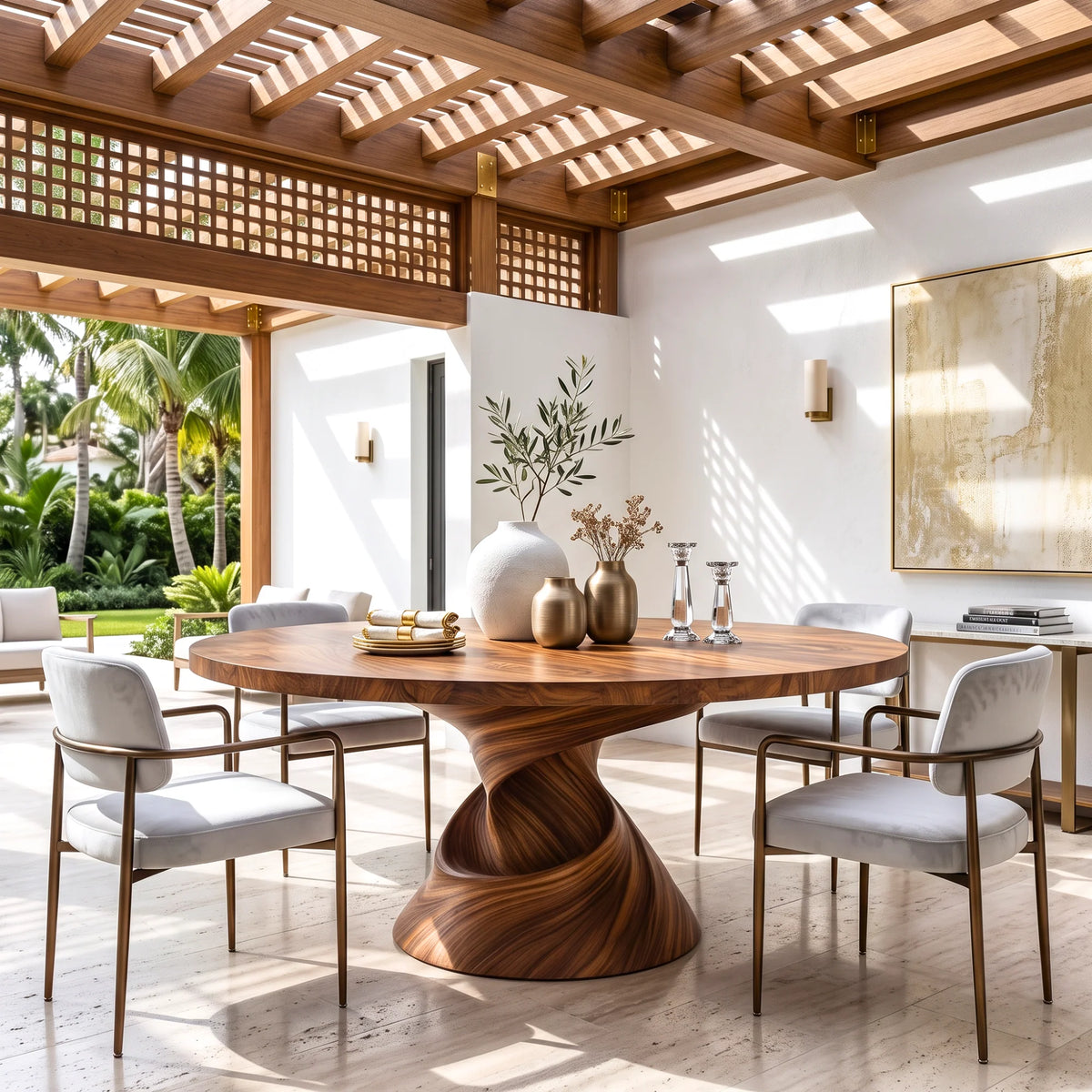 Modern Solid Wood Dining Table with Sculptural Helix-Inspired Base