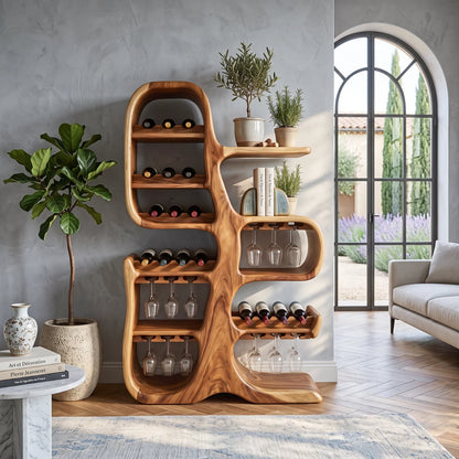Solid Wood Wine Cabinet with Sculptural Tree-Inspired Design