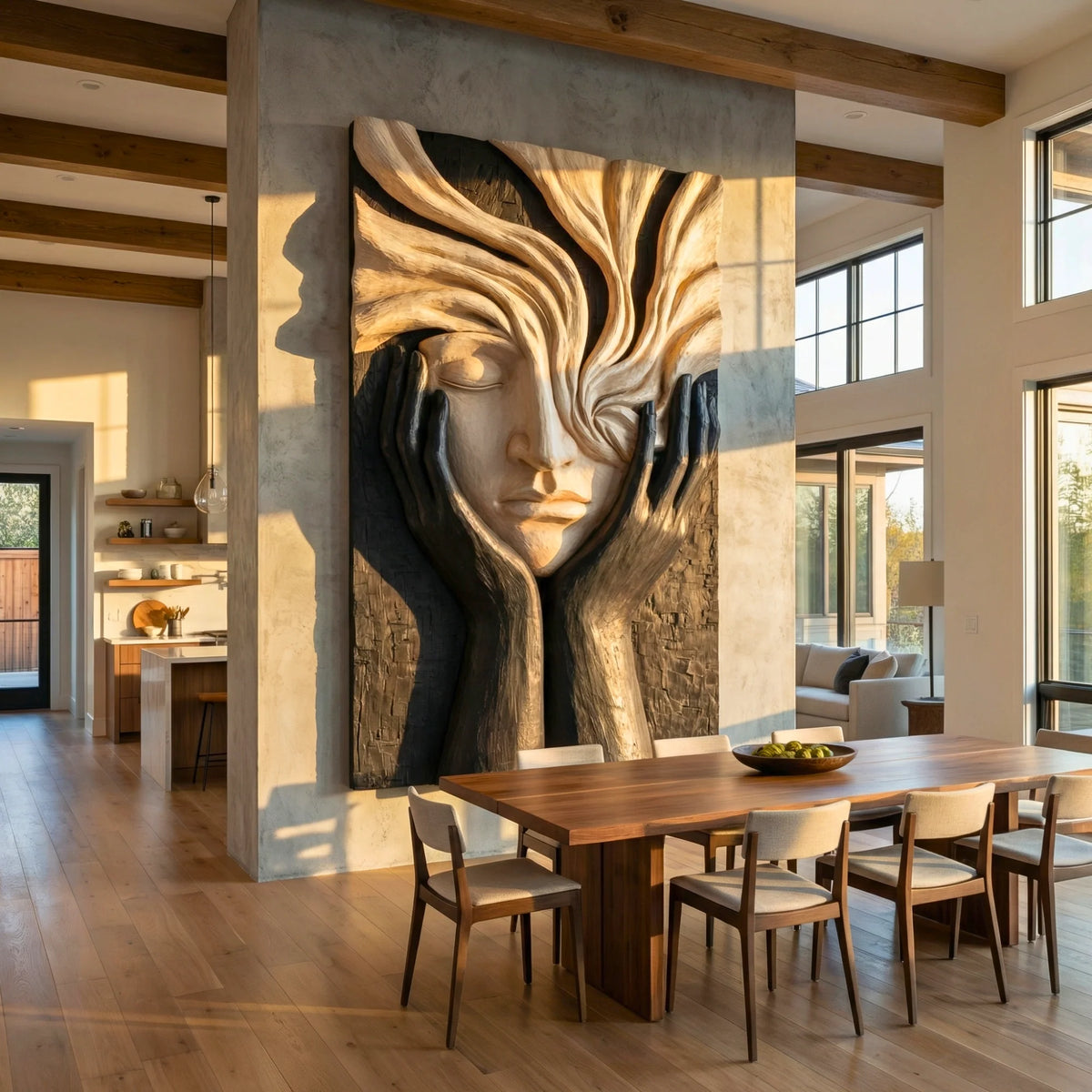 Handcrafted Solid Wood Face Wall Sculpture with Flowing Grain Hair & Black Relief Hands