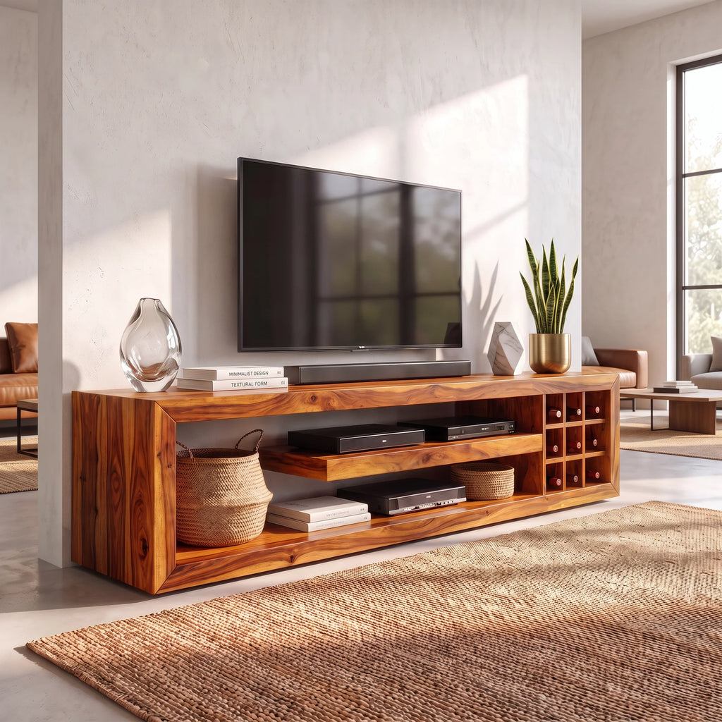 Solid Wood TV Console with Open Media Shelves and Side Storage Cubbies