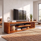 Solid Wood TV Console with Open Media Shelves and Side Storage Cubbies