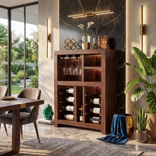 Solid Wood Wine Cabinet with Bottle Racks and Stemware Storage