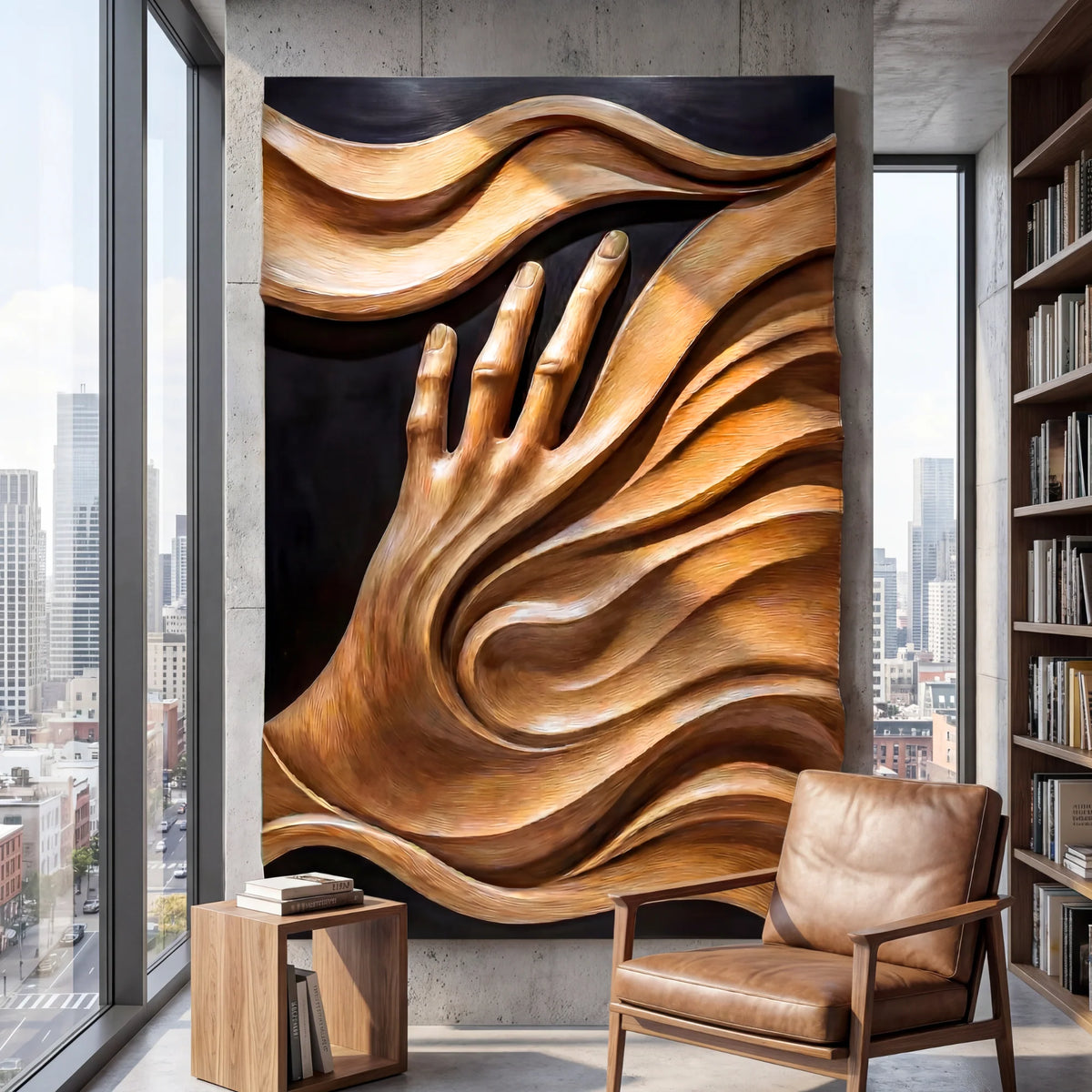 3D Flowing Wave Hand Solid Wood Wall Sculpture – Handcrafted Artistic Decor