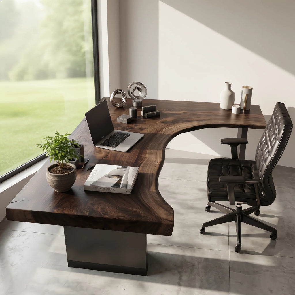 Live Edge Solid Wood Desk with Sculptural Cutout