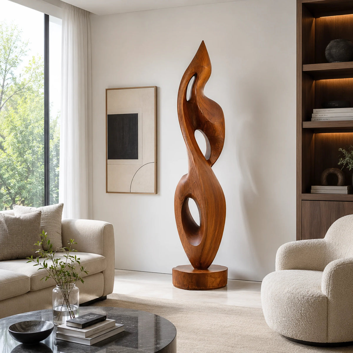 Handcrafted Solid Wood Abstract Floor Sculpture – Contemporary Freestanding Art with Flowing Open Design