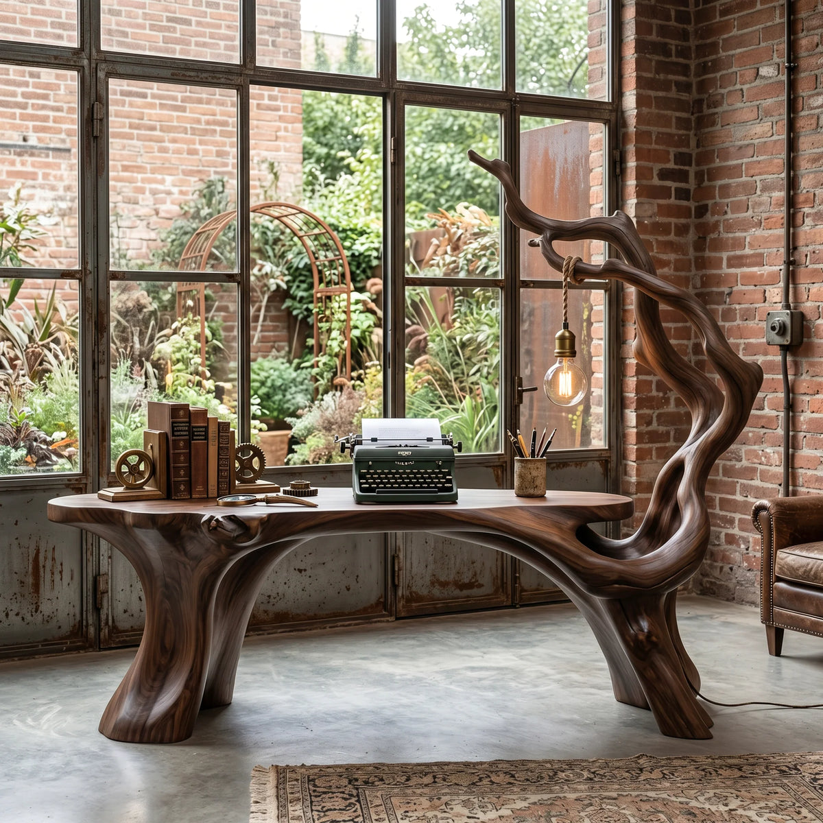 Sculptural Solid Wood Desk with Integrated Hanging Lamp – Artistic Modern Workspace Furniture