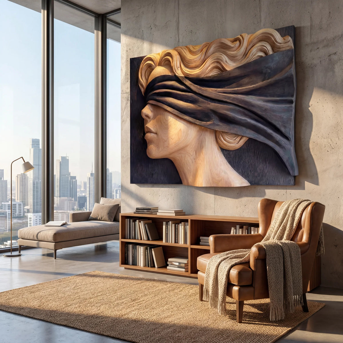 Wind Veil Solid Wood Wall Sculpture – Abstract Profile Portrait with Flowing Relief Design