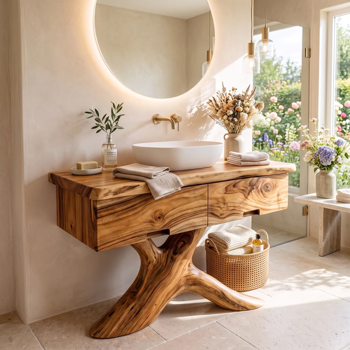 Solid Wood Bathroom Vanity with Sculptural Root Pedestal and Drawer Storage