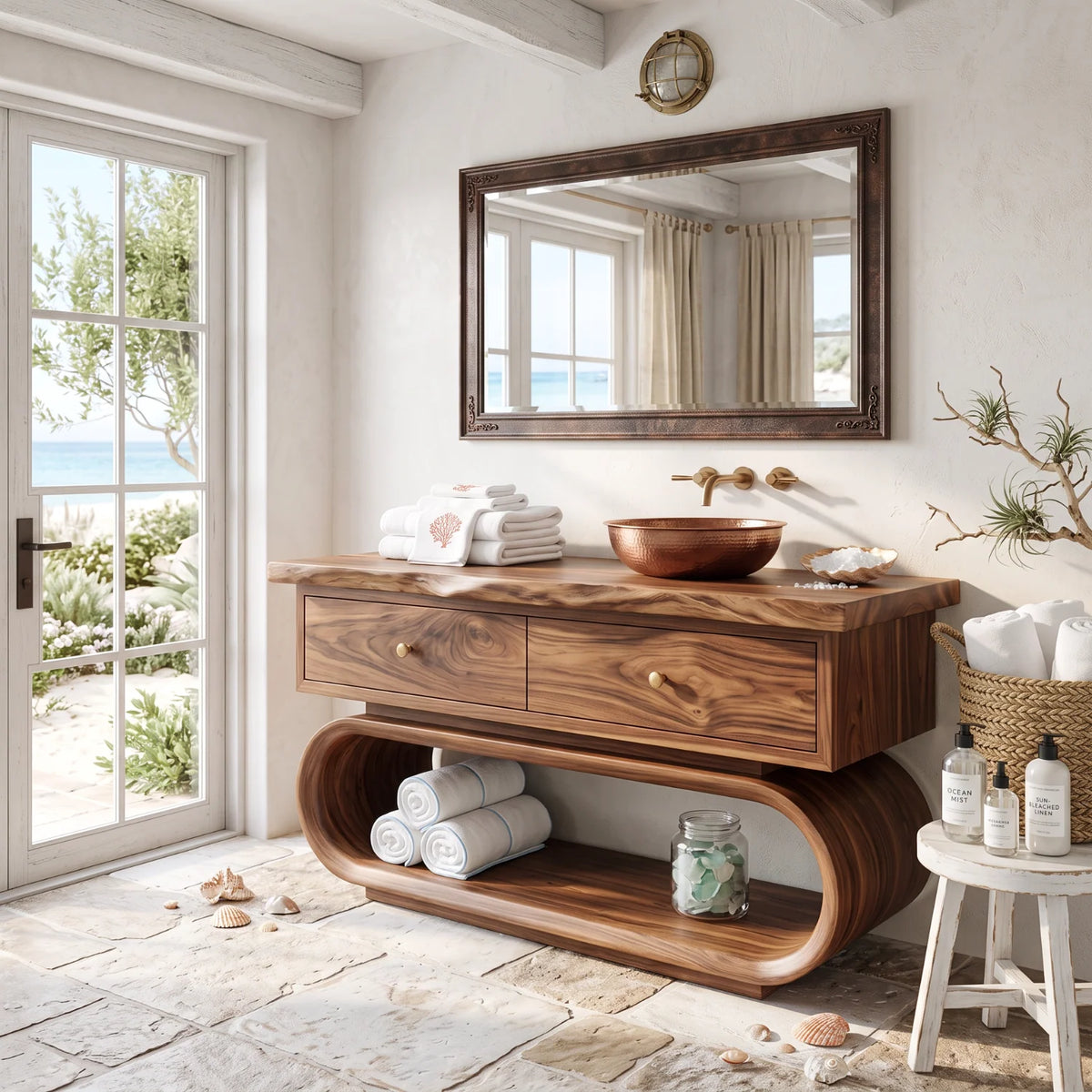 Solid Wood Bathroom Vanity with Sculptural Loop Frame Base and Drawer Storage