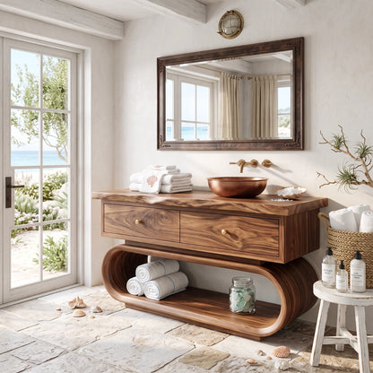 Solid Wood Bathroom Vanity with Sculptural Loop Frame Base and Drawer Storage