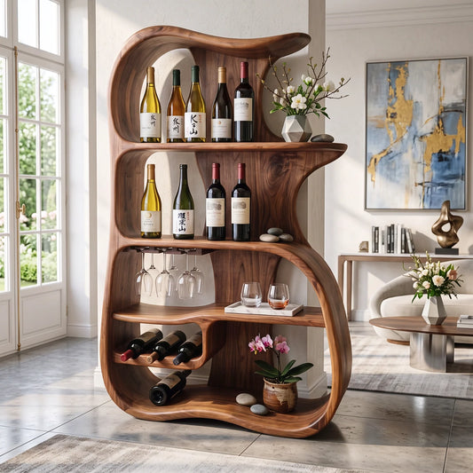Solid Wood Wine Cabinet with Organic Open Shelves for Dining Room
