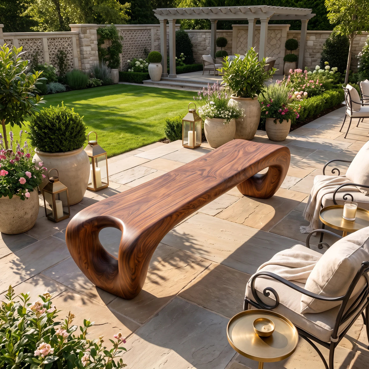 Sculptural Solid Wood Bench with Loop Legs and Flowing Live Edge Seat