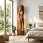 Tall Sculptural Solid Wood Floor Lamp with Open-Cut Design and Warm Ambient Lighting
