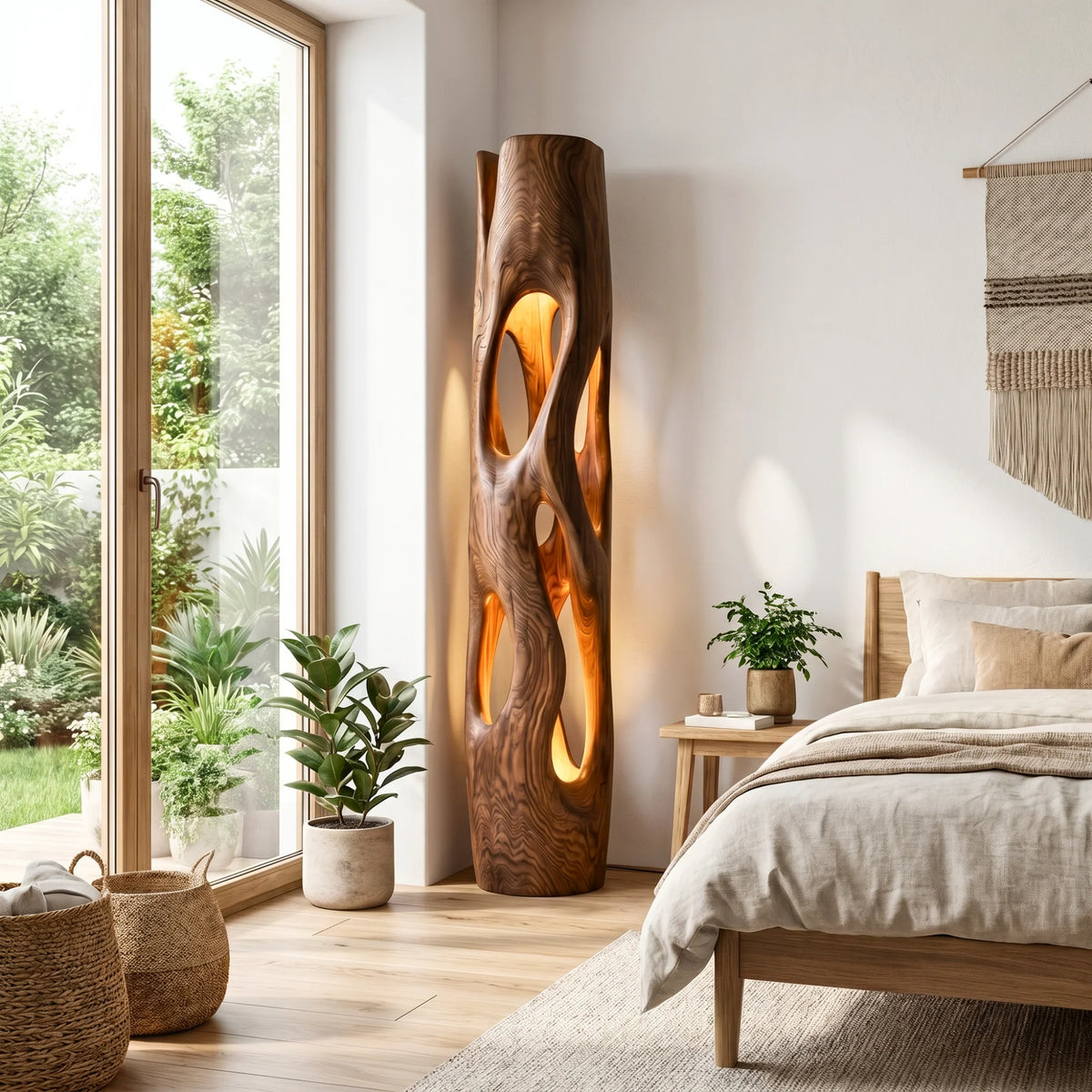 Tall Sculptural Solid Wood Floor Lamp with Open-Cut Design and Warm Ambient Lighting