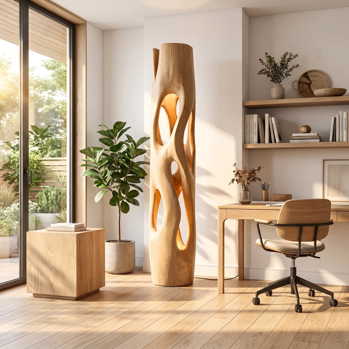 Tall Sculptural Solid Wood Floor Lamp with Open-Cut Design and Warm Ambient Lighting