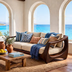 Handcrafted Solid Wood Sofa with Open Sculptural Arms for Living Room