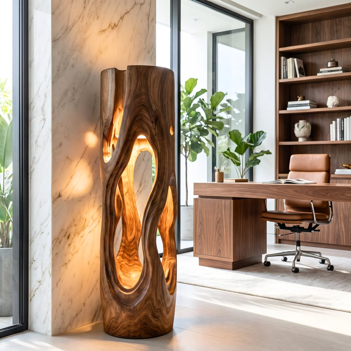 Organic Sculptural Wood Floor Lamp with Warm Ambient Lighting