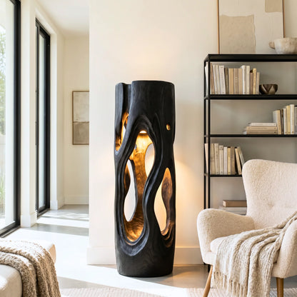 Organic Sculptural Wood Floor Lamp with Warm Ambient Lighting