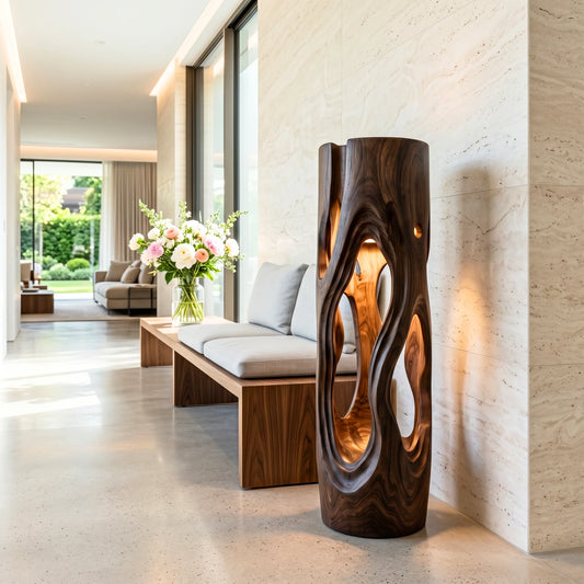 Organic Sculptural Wood Floor Lamp with Warm Ambient Lighting