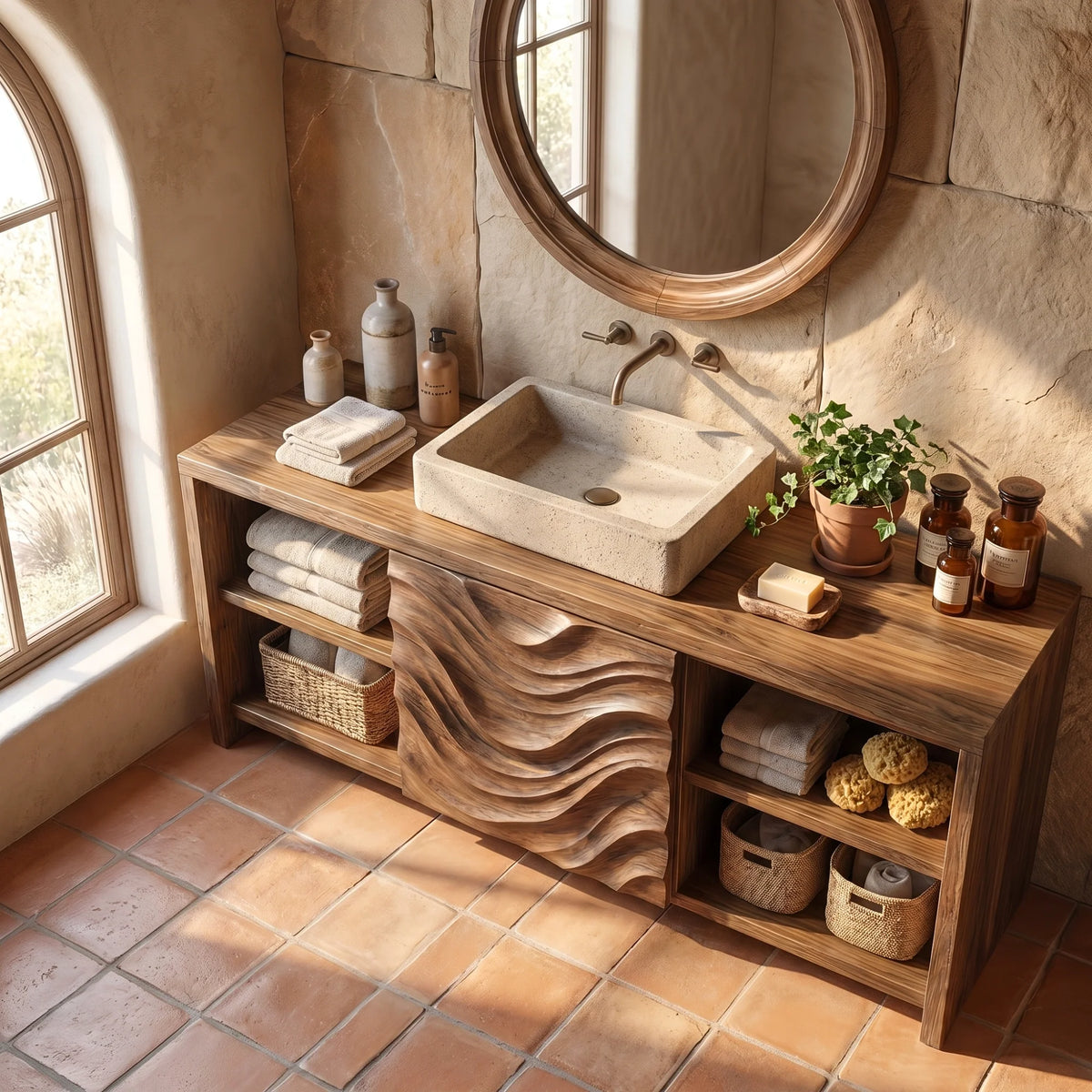 Solid Wood Bathroom Vanity with Carved Wave Panel and Open Shelf Storage