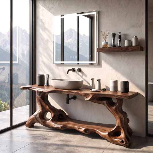 Solid Wood Bathroom Vanity with Sculptural Organic Root Base and Open Shelf Storage