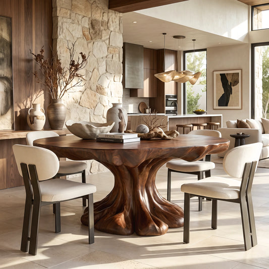 Organic Solid Wood Dining Table with Sculptural Flowing Pedestal Base