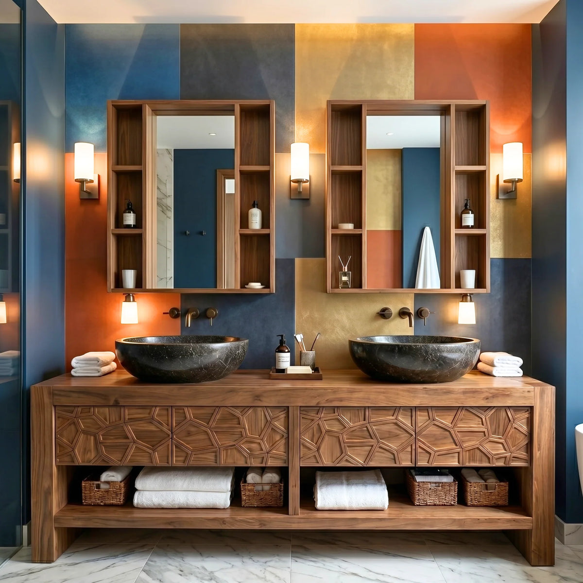 Modern Solid Wood Bathroom Vanity Cabinet with Geometric Carved Front Design