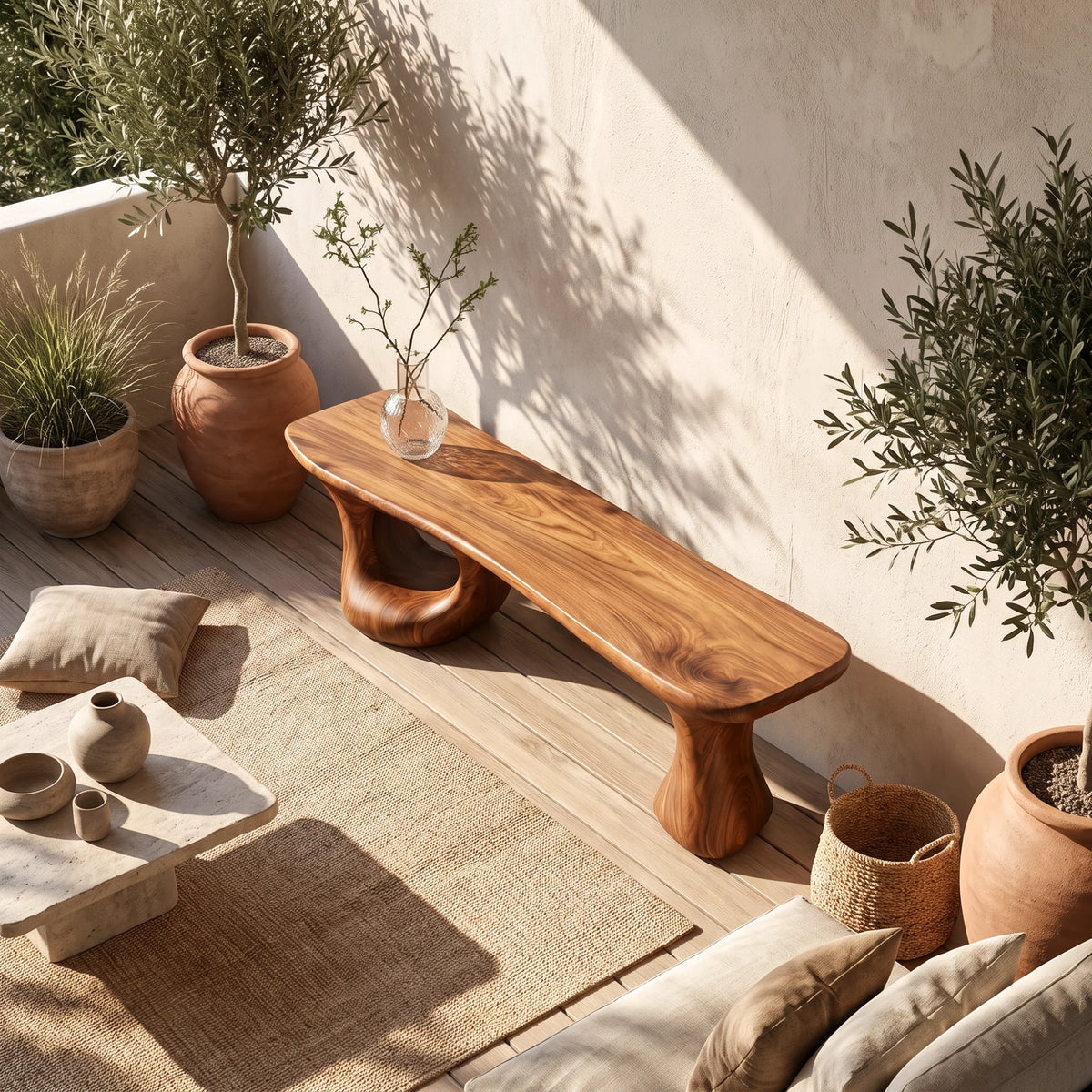 Sculptural Loop – Solid Wood Bench with Pedestal Base and Flowing Live Edge Seat