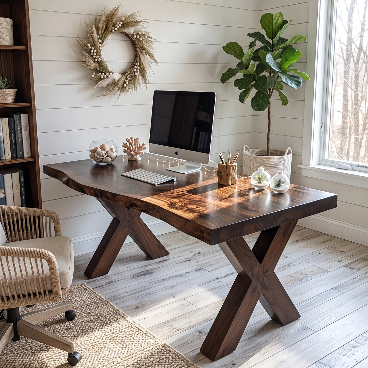 Live Edge Solid Wood Desk with Sculptural X-Shaped Legs – Modern Home Office Desk