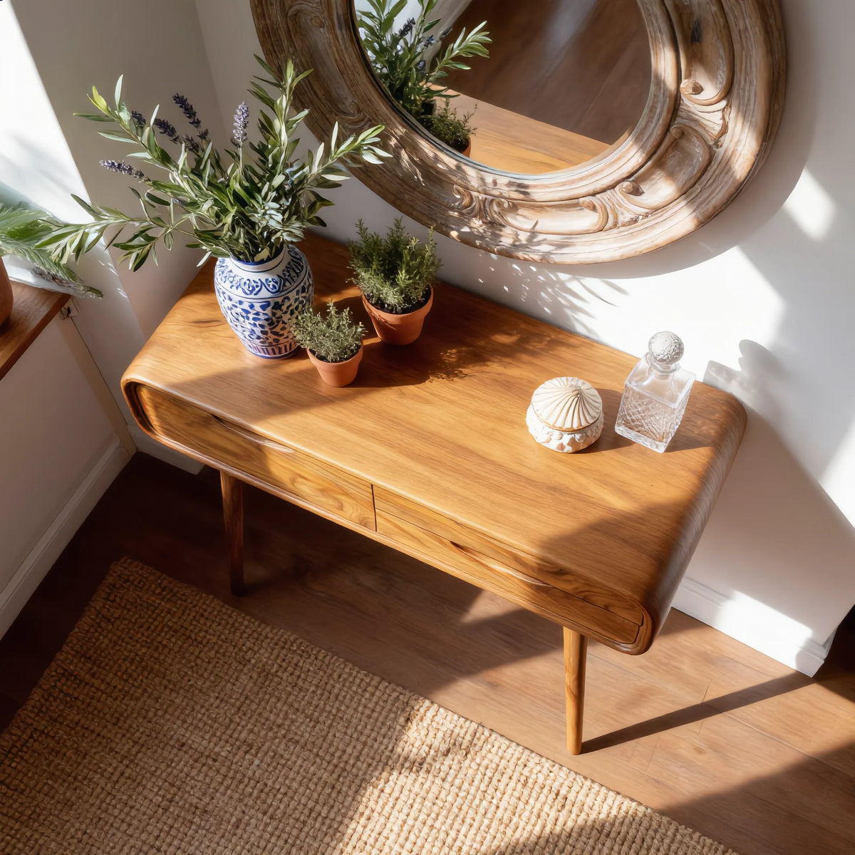 Modern Rounded Solid Wood Vanity Table with Storage Drawers
