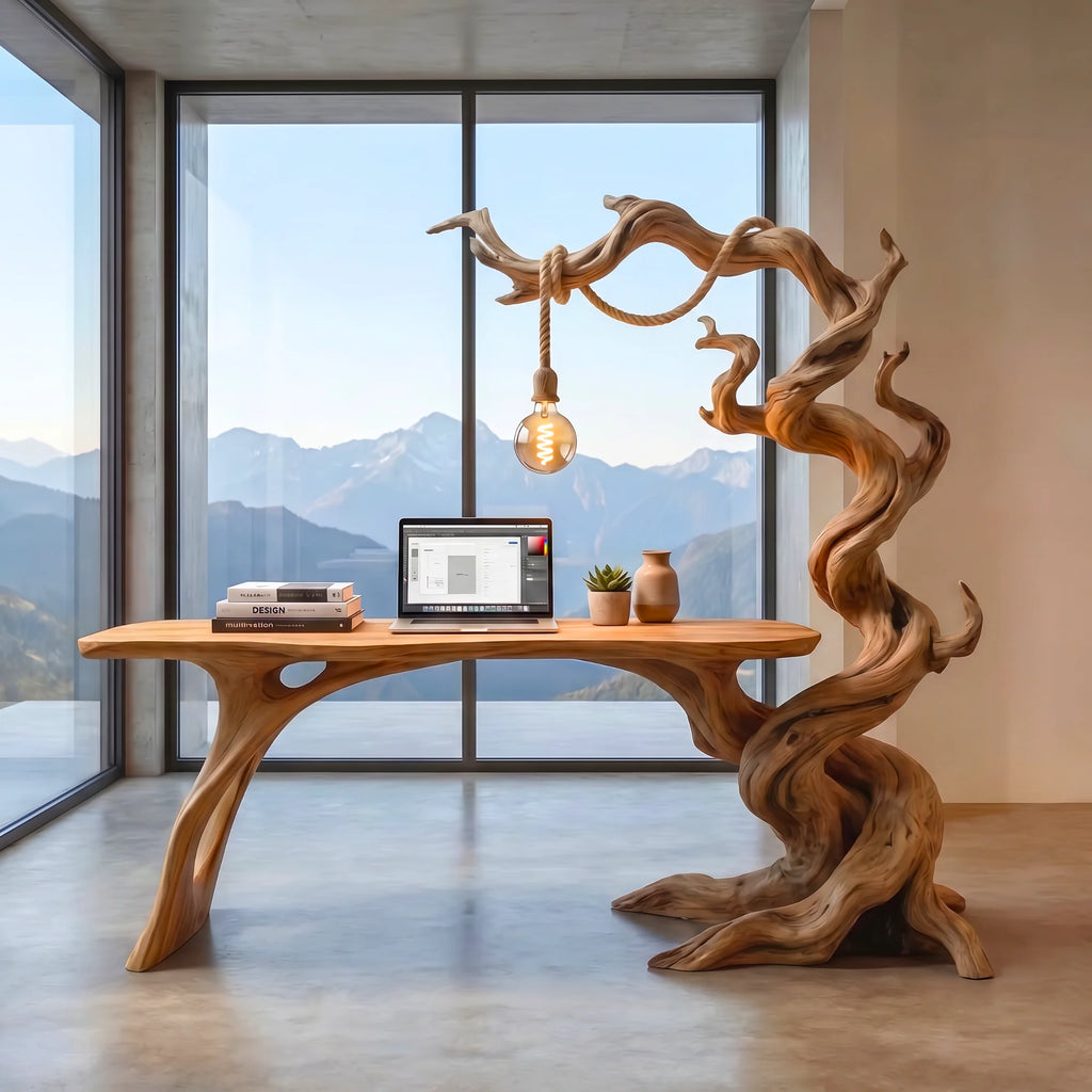 Sculptural Twisted Tree Wood Desk with Hanging Lamp