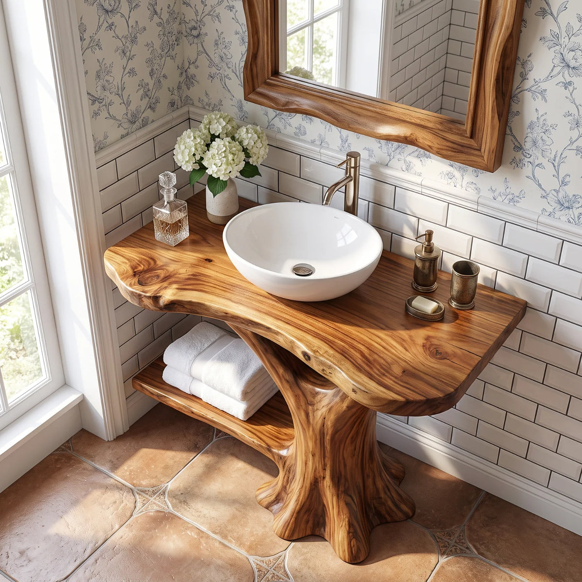 Solid Wood Bathroom Vanity with Organic Trunk Pedestal and Side Shelf Storage