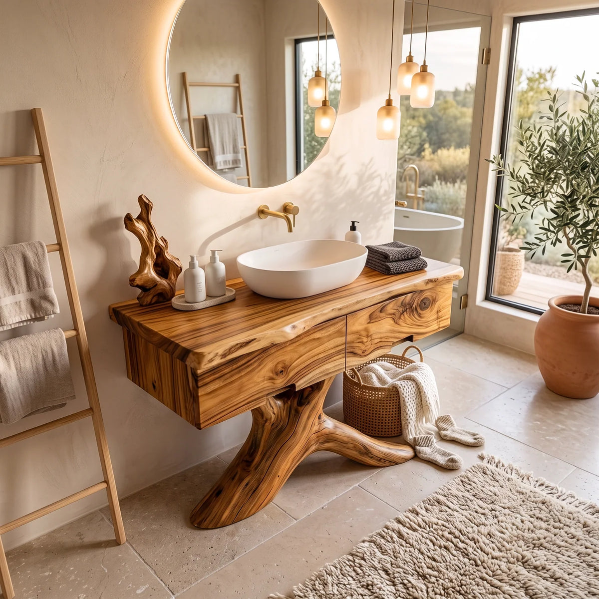 Solid Wood Bathroom Vanity with Sculptural Root Pedestal and Drawer Storage