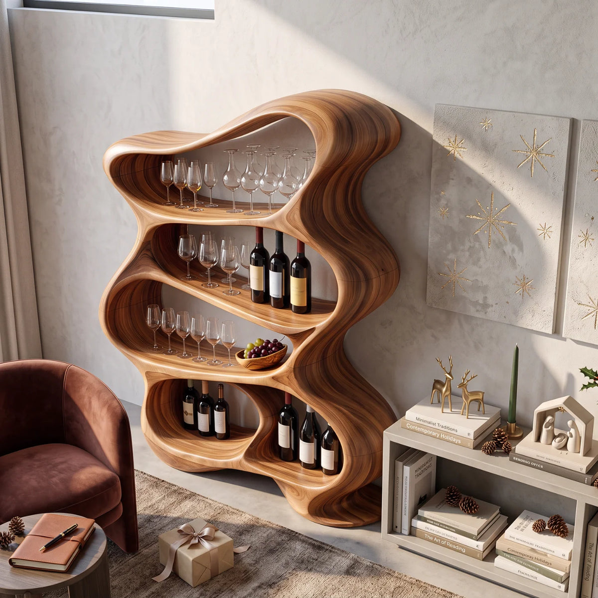 Handcrafted Solid Wood Wine Rack Cabinet with Sculptural Flowing Open Shelves