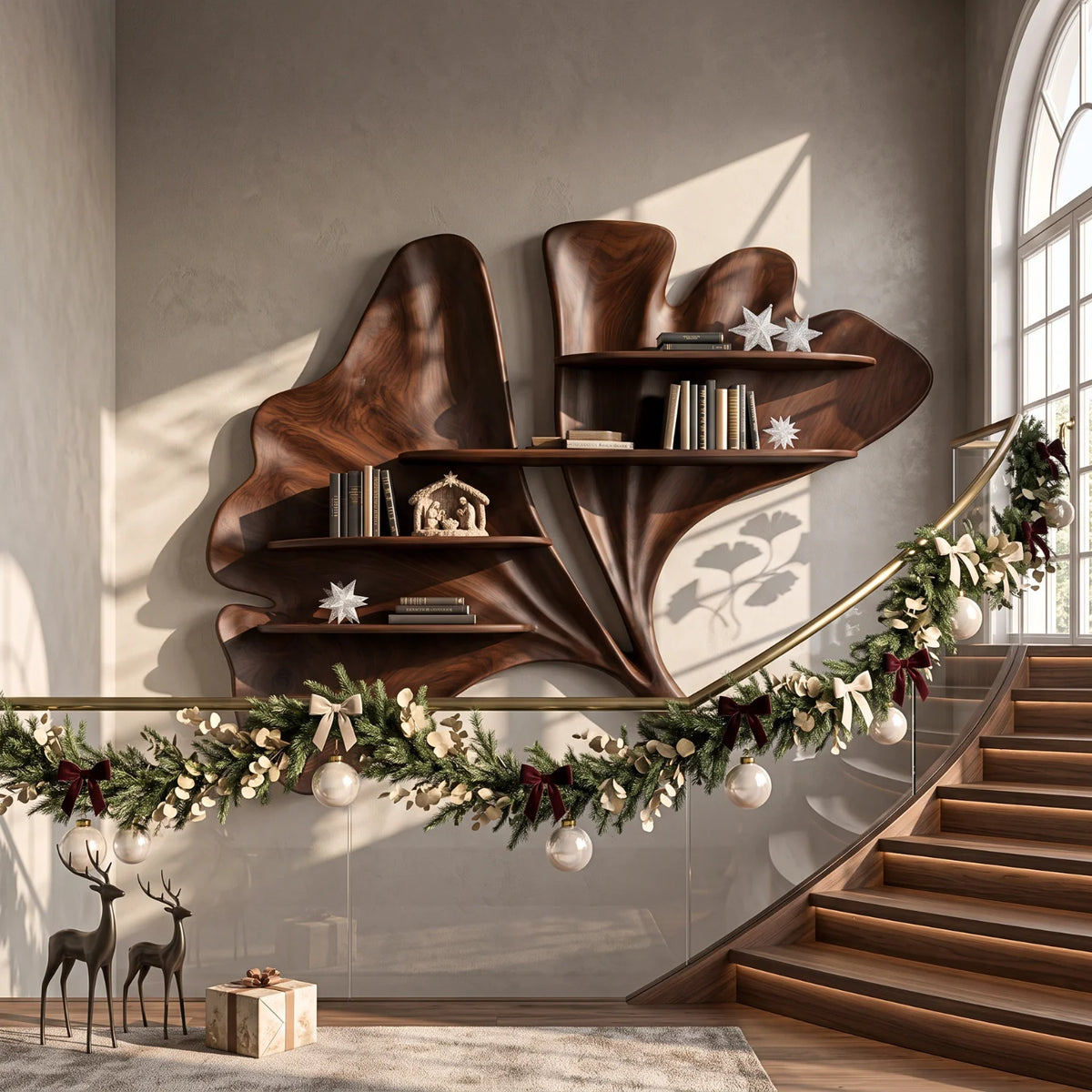 Flowing Leaf Sculptural Solid Wood Wall Shelf