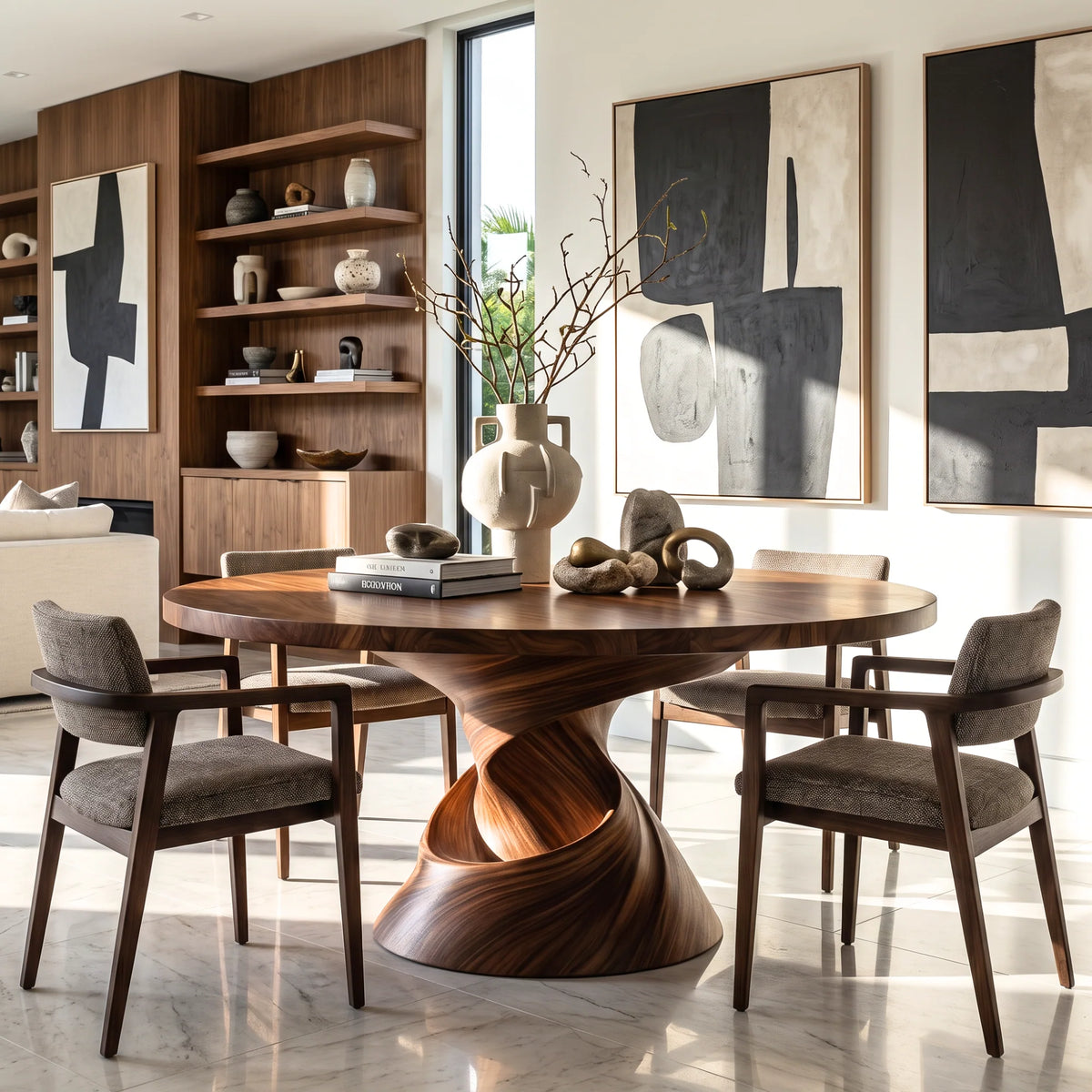 Modern Solid Wood Dining Table with Sculptural Helix-Inspired Base