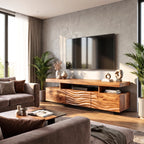Solid Wood TV Console with Floating Top and Sculpted Wave-Front Cabinet