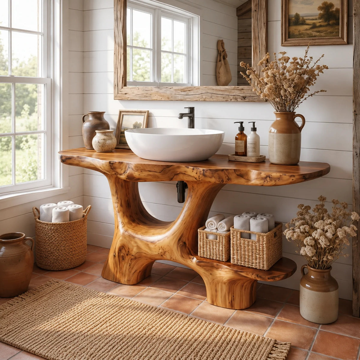 Solid Wood Bathroom Vanity with Open Arch Base and Side Shelf Storage