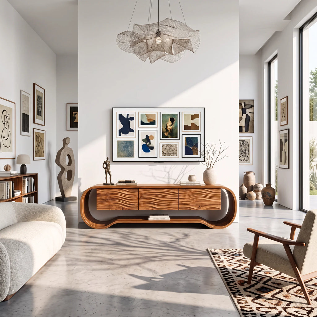 Sculptural Ribbon-Frame Solid Wood TV Console with Wave-Carved Doors