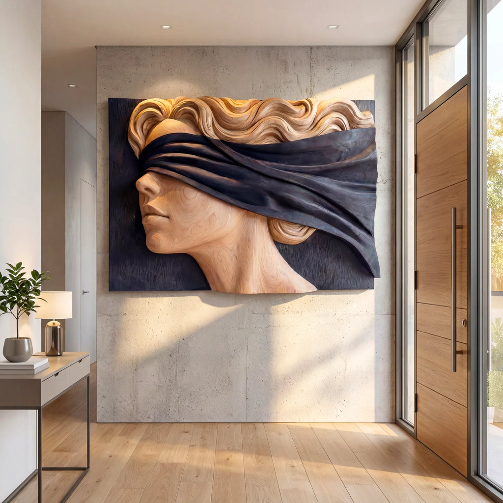 Wind Veil Solid Wood Wall Sculpture – Abstract Profile Portrait with Flowing Relief Design