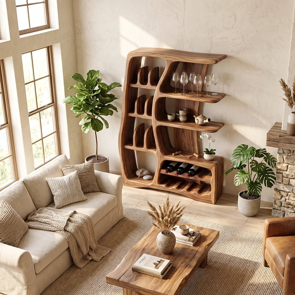 Solid Wood Wine Cabinet with Sculptural Open Shelves and Integrated Bottle Rack