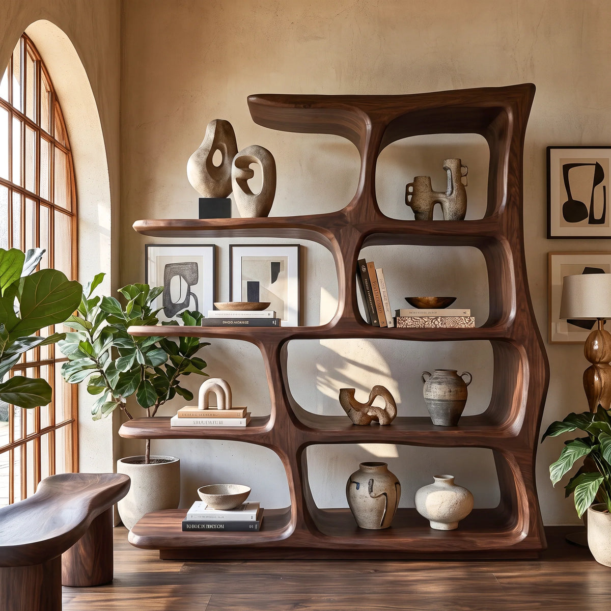 Freeform Elegance – Solid Wood Bookcase with Rounded Open Shelves and Sculptural Frame