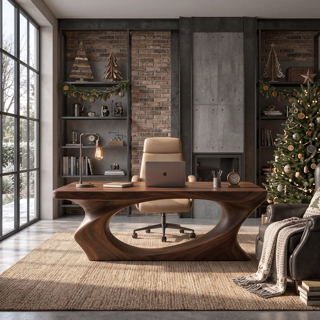 Solid Wood Executive Desk with Sculptural Loop Base