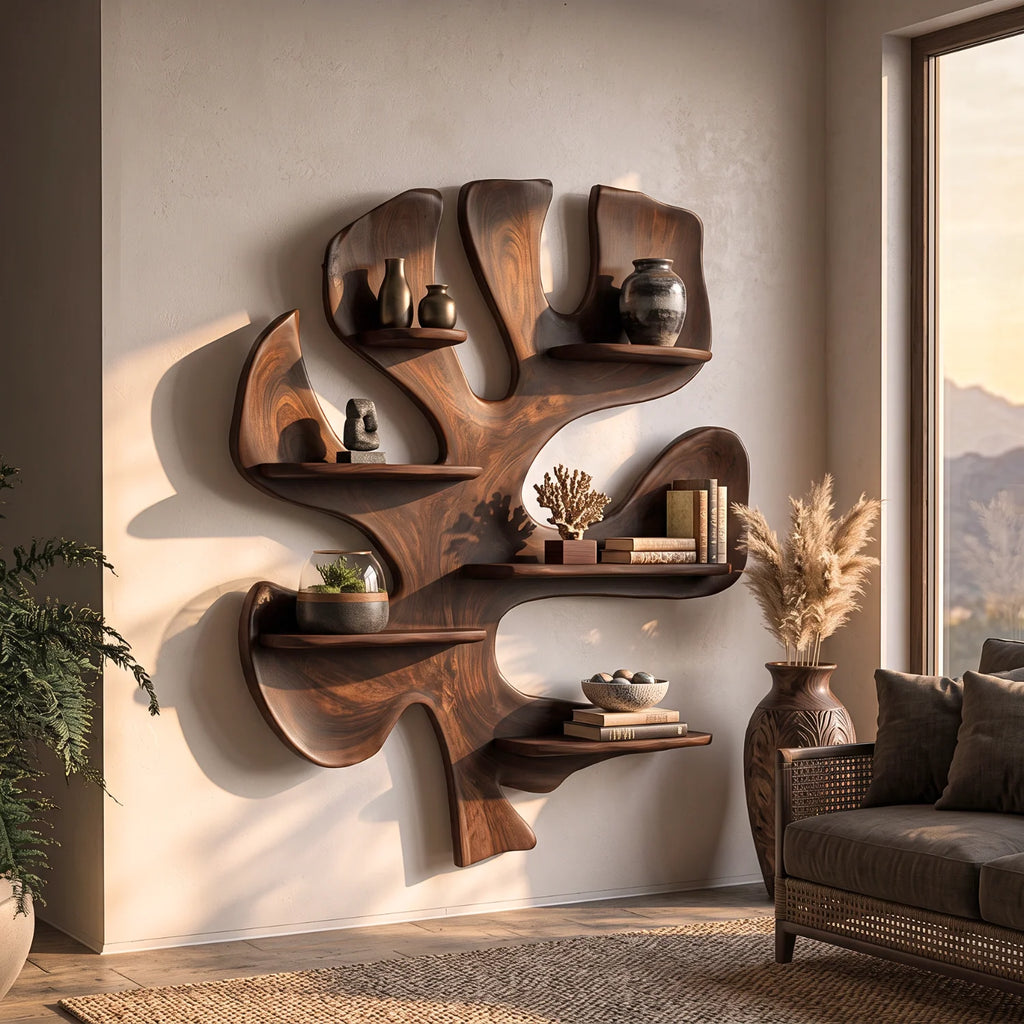 Sculptural Solid Wood Tree Wall Shelf
