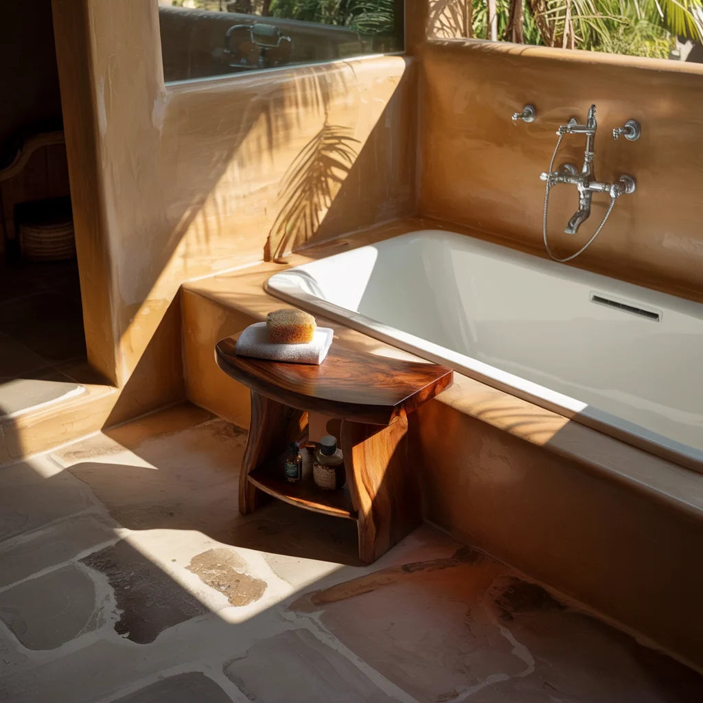 Solid Wood Bathroom Stool with Sculpted Seat and Open Shelf Storage