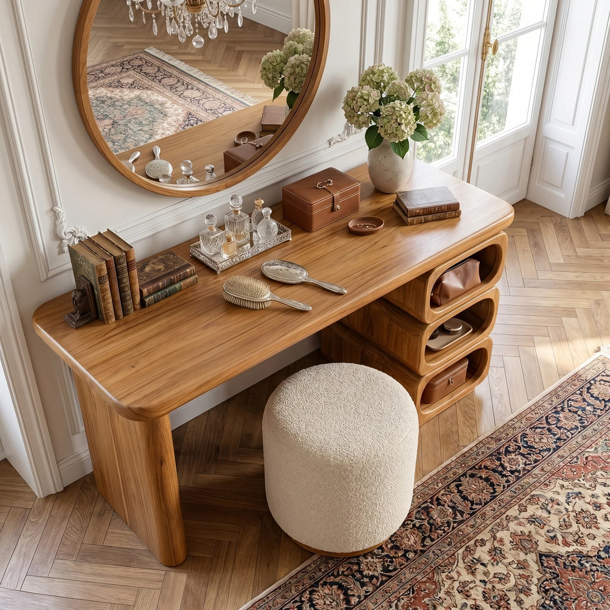 Modern Solid Wood Vanity Table with Rounded Open Shelf and Panel Legs