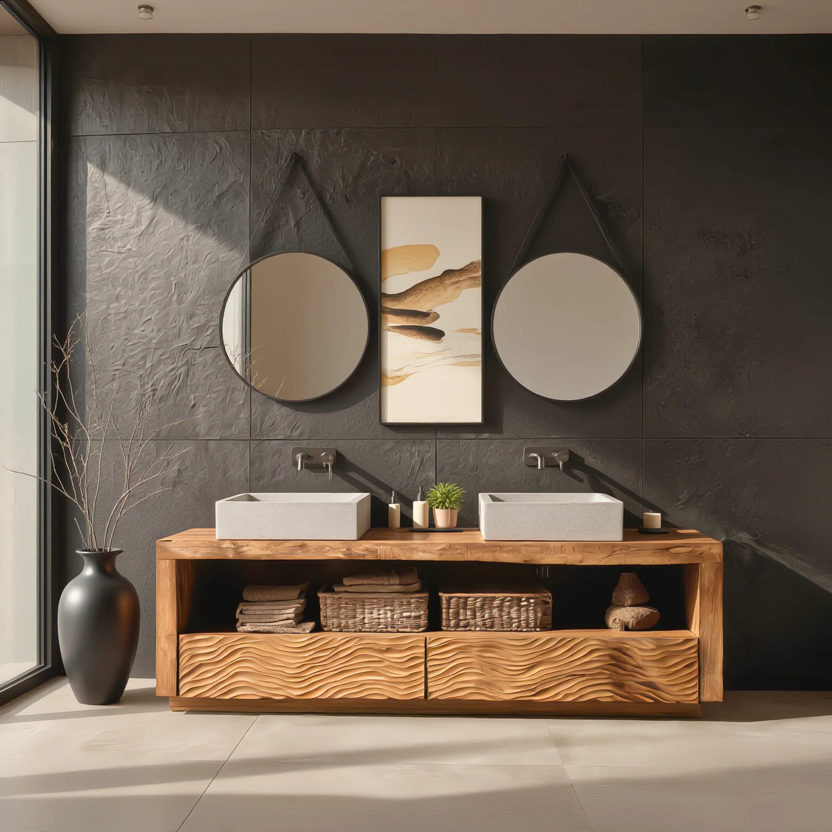 Solid Wood Double Bathroom Vanity with Carved Wave Drawers and Open Shelf Storage
