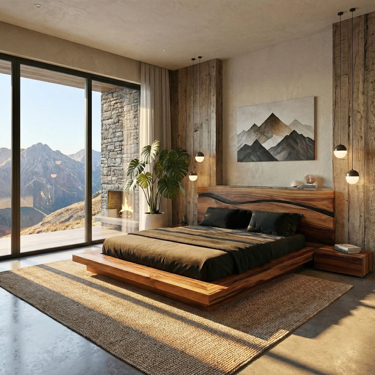 Solid Wood Platform Bed with Sculpted Wave Headboard – Modern Bed Frame for Contemporary Bedrooms