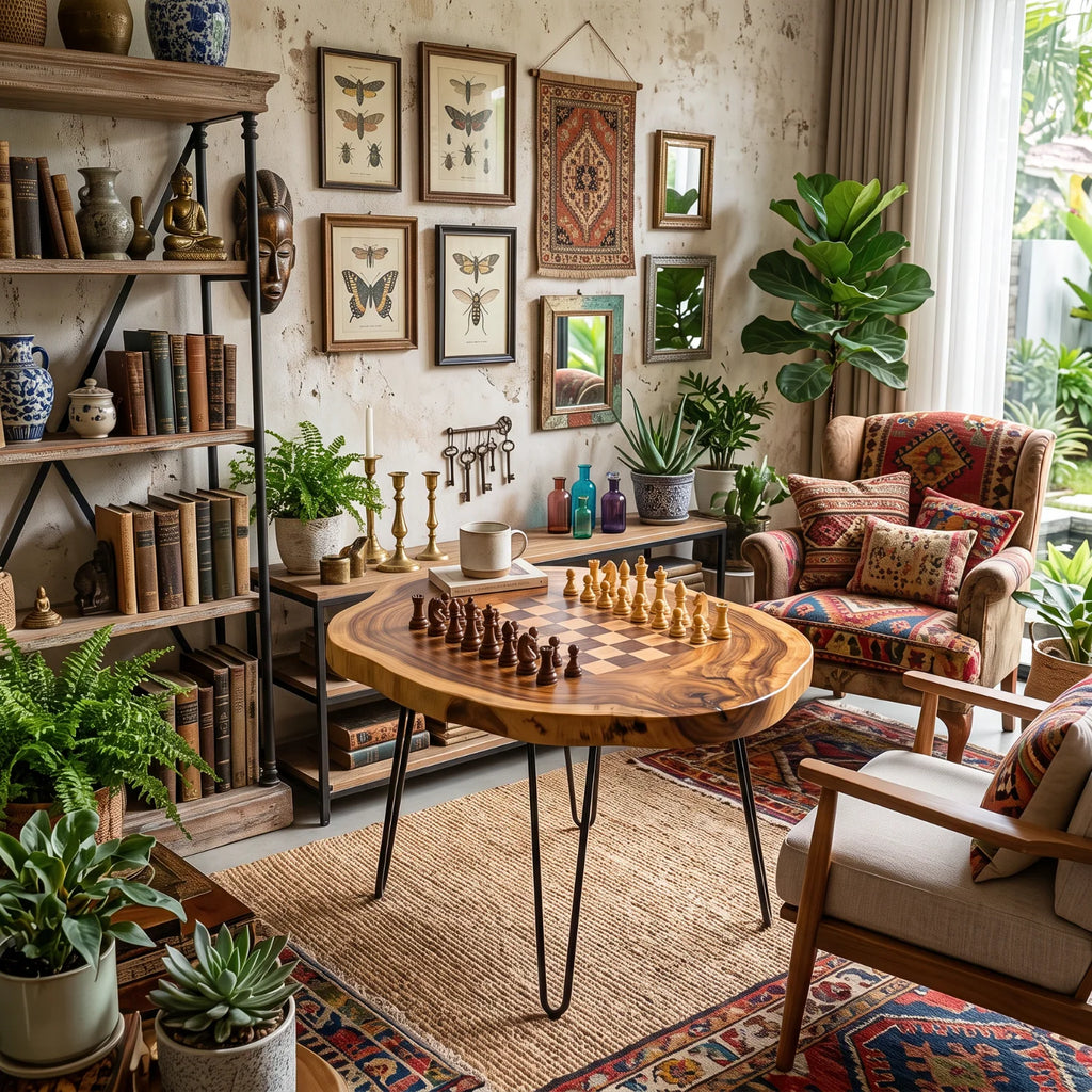 Organic Slab Top Chess Coffee Table with Hairpin Legs