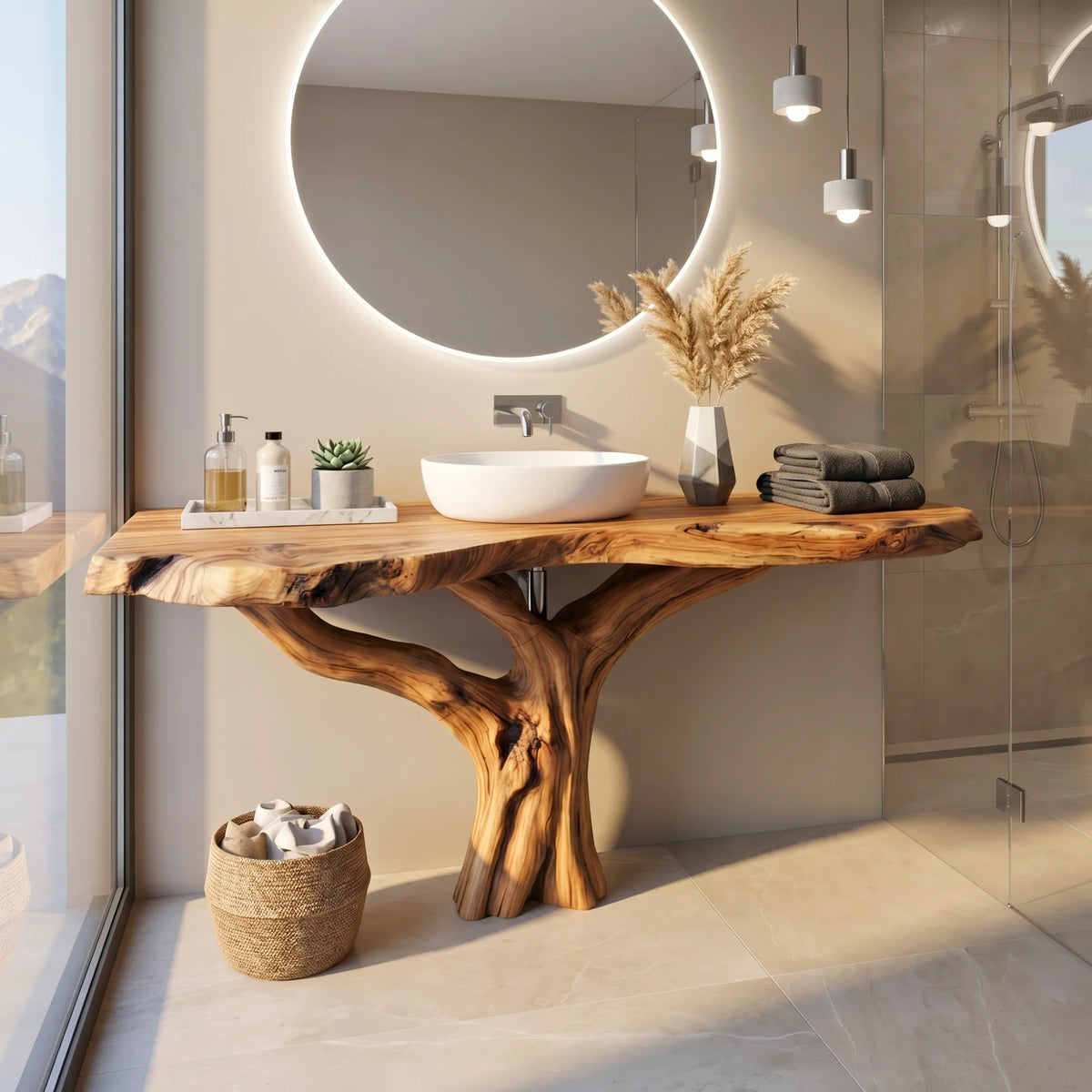 Handcrafted Solid Wood Bathroom Vanity with Sculptural Root Base